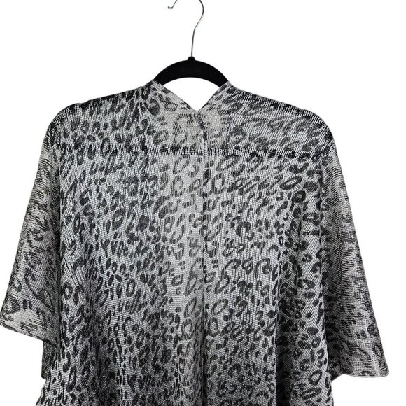 Leopard Print Silver Fringe Shawl Kimono Cover up Mesh Open Front One Size - Picture 3 of 12